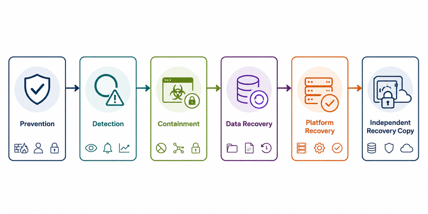 Sechs Schutzebenen von Prevention bis Recovery-Kopie Ablaufdiagramm der sechs Schutzebenen: Prevention, Detection, Containment, Data Recovery, Platform Recovery, unabhängige Recovery-Kopie