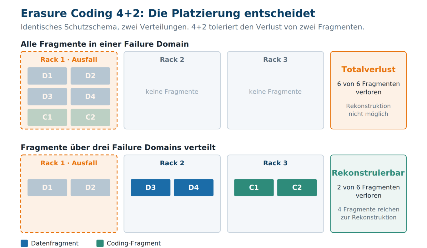 4+2-Schema in zwei Platzierungen: alle Fragmente in einem Rack bedeuten Totalverlust, je zwei in drei Racks bleiben rekonstruierbar.