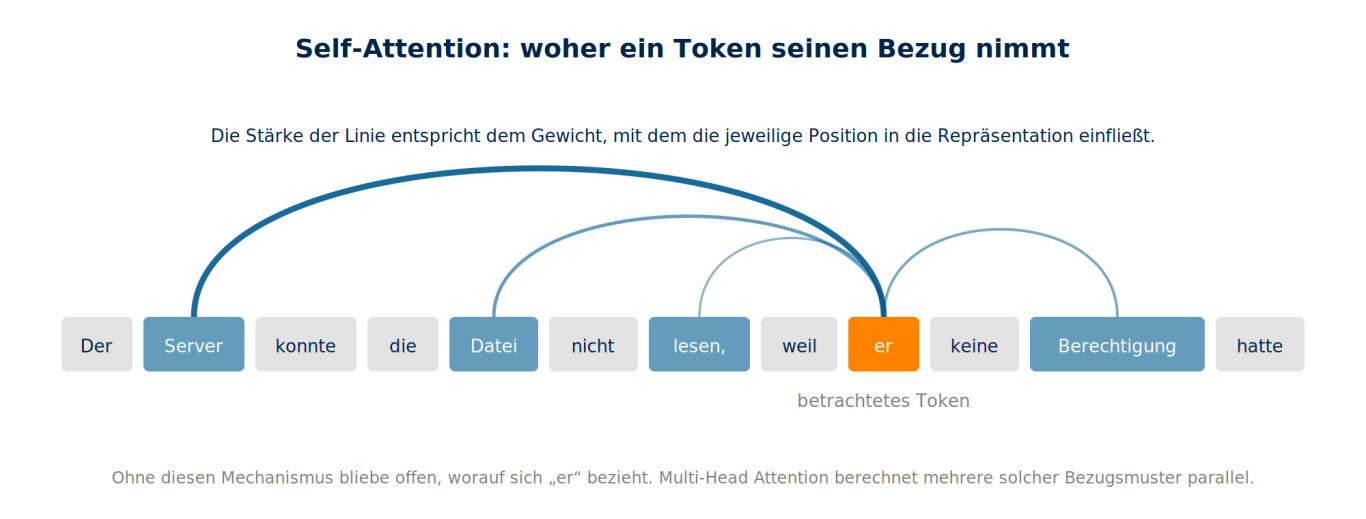 Welche Wörter die Deutung von „er" bestimmen Beispielsatz mit Bezugslinien vom Token „er" zu anderen Positionen der Sequenz; die stärkste Gewichtung liegt auf „Server".