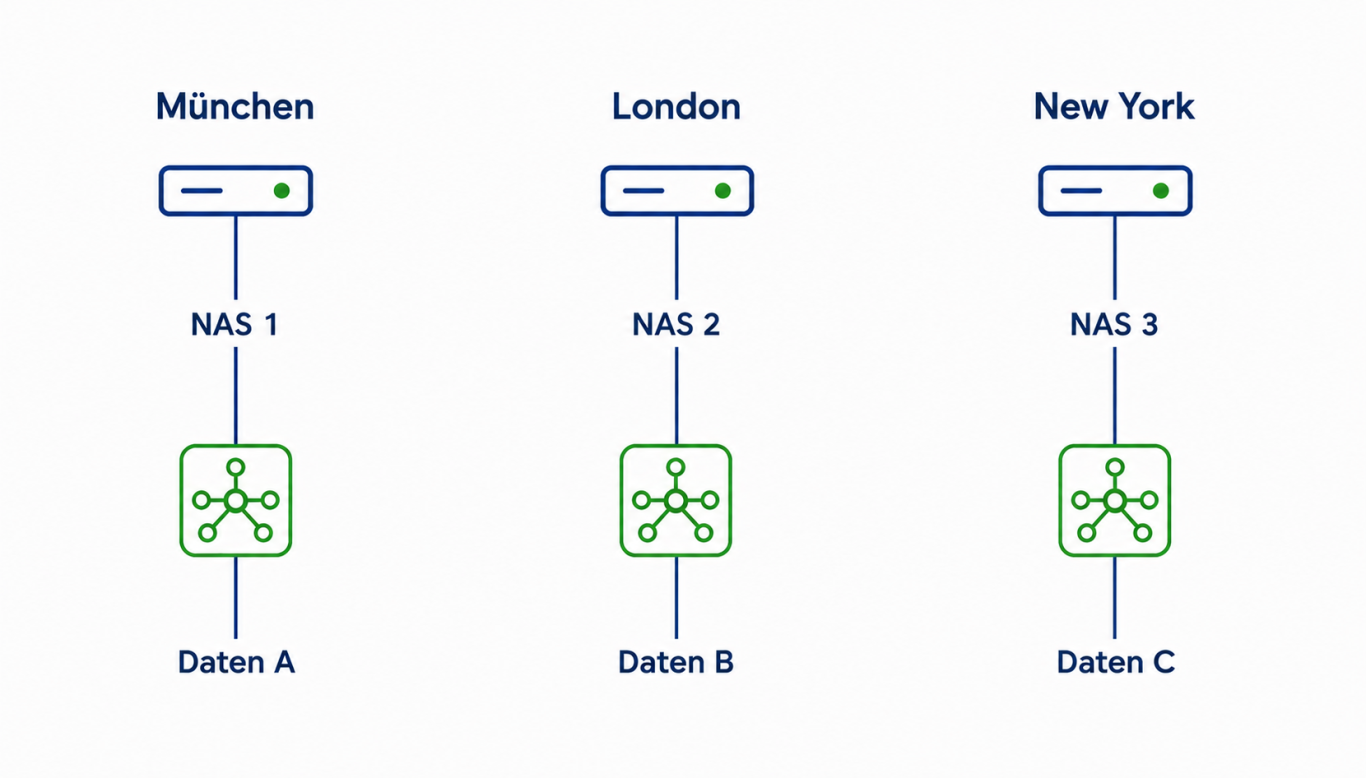 Diagramm: München, London und New York mit je eigenem NAS und eigenem Datenbestand, drei voneinander unabhängige Storage-Silos.